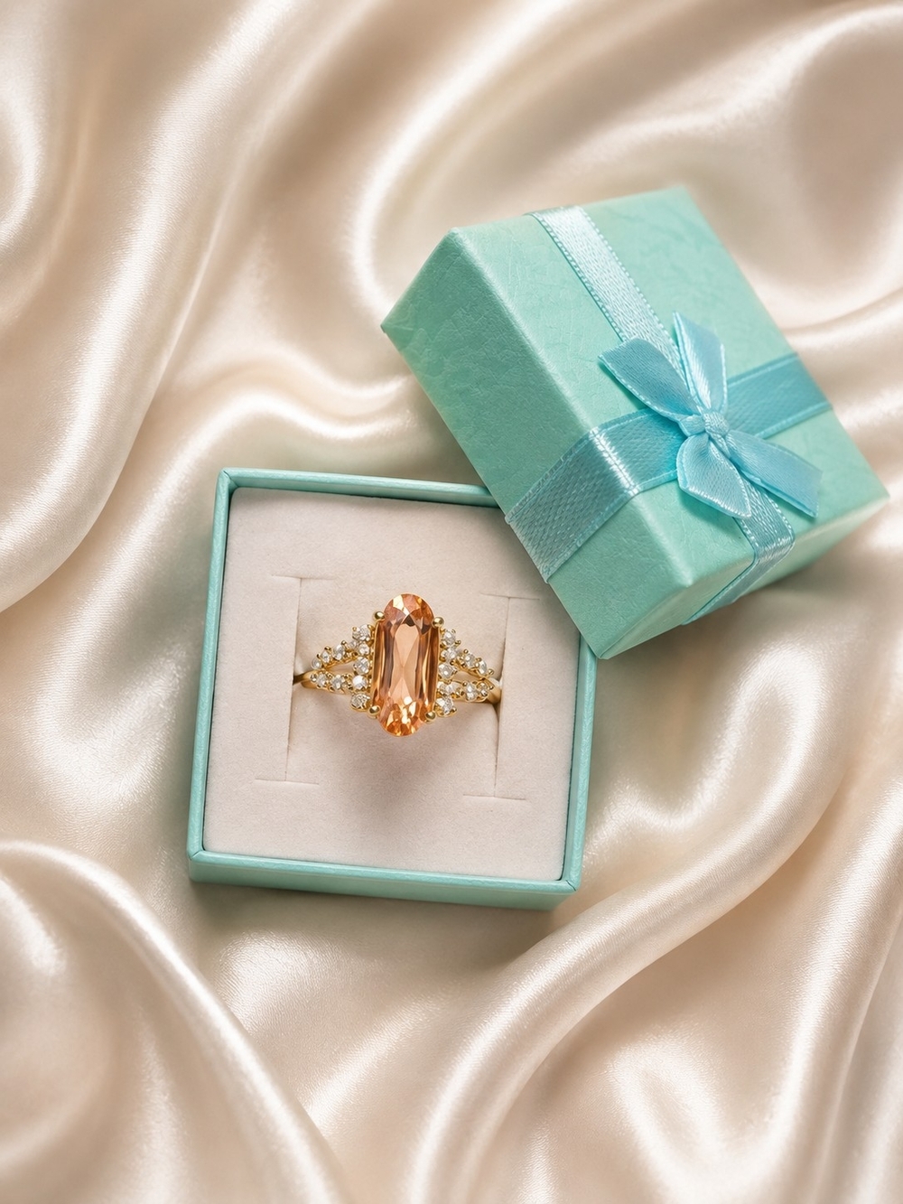 Gold Ring with Peach Oval Gem and Accent Stones - Women Jewelry